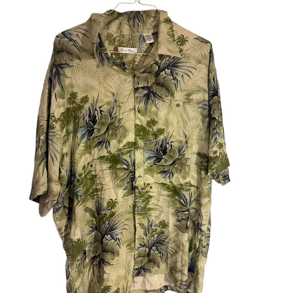 Burma Bibas 100% Silk Tropical Leaf  Short Sleeve Hawaiian Camp Shirt XXL Sku#62
